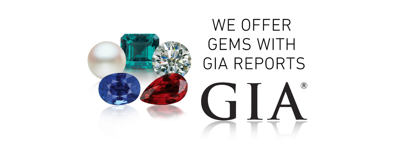 Advertisement for GIA with colored gemstones on a white background